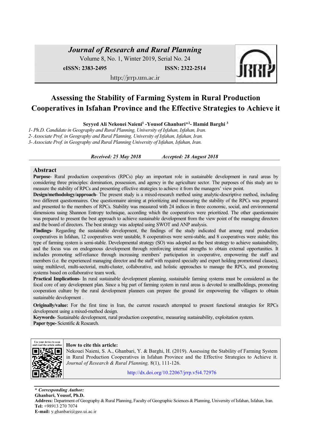 Journal of Research and Rural Planning Assessing the Stability Of