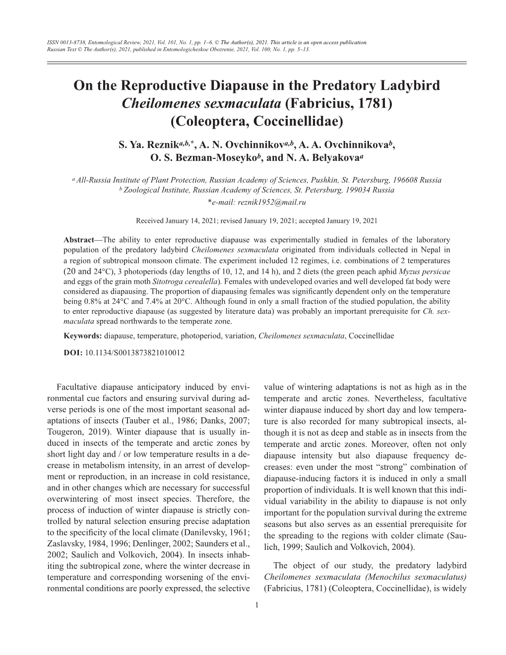 On the Reproductive Diapause in the Predatory Ladybird Cheilomenes Sexmaculata (Fabricius, 1781) (Coleoptera, Coccinellidae) S