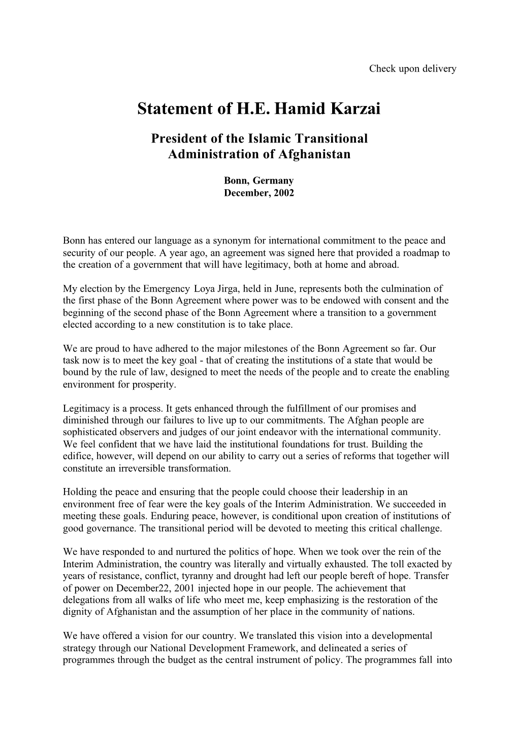 Statement by Hamid Karzai, President of Afghanistan