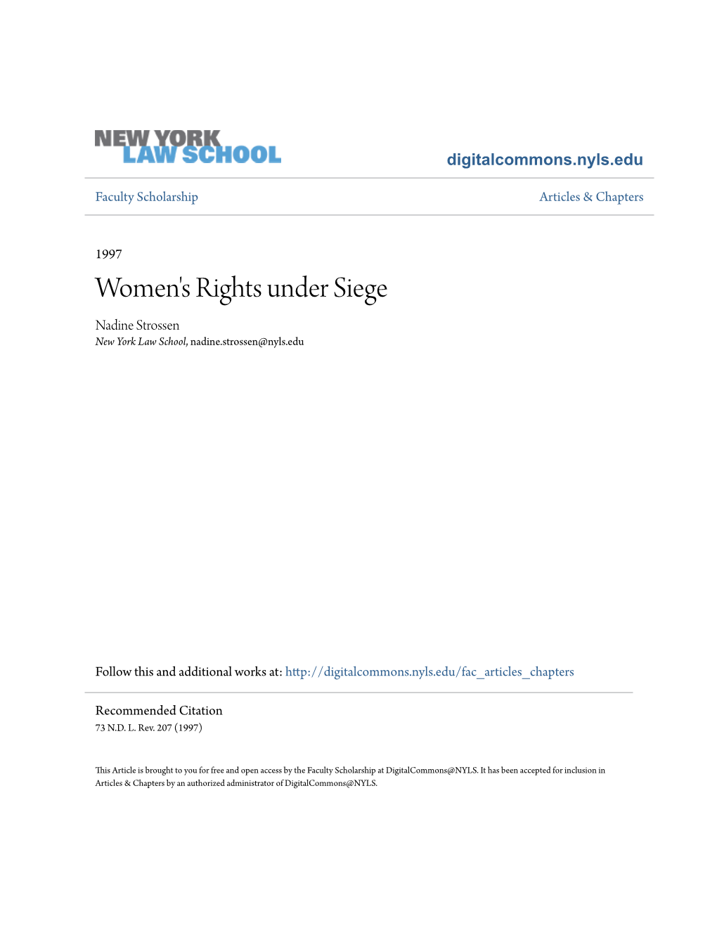 Women's Rights Under Siege Nadine Strossen New York Law School, Nadine.Strossen@Nyls.Edu