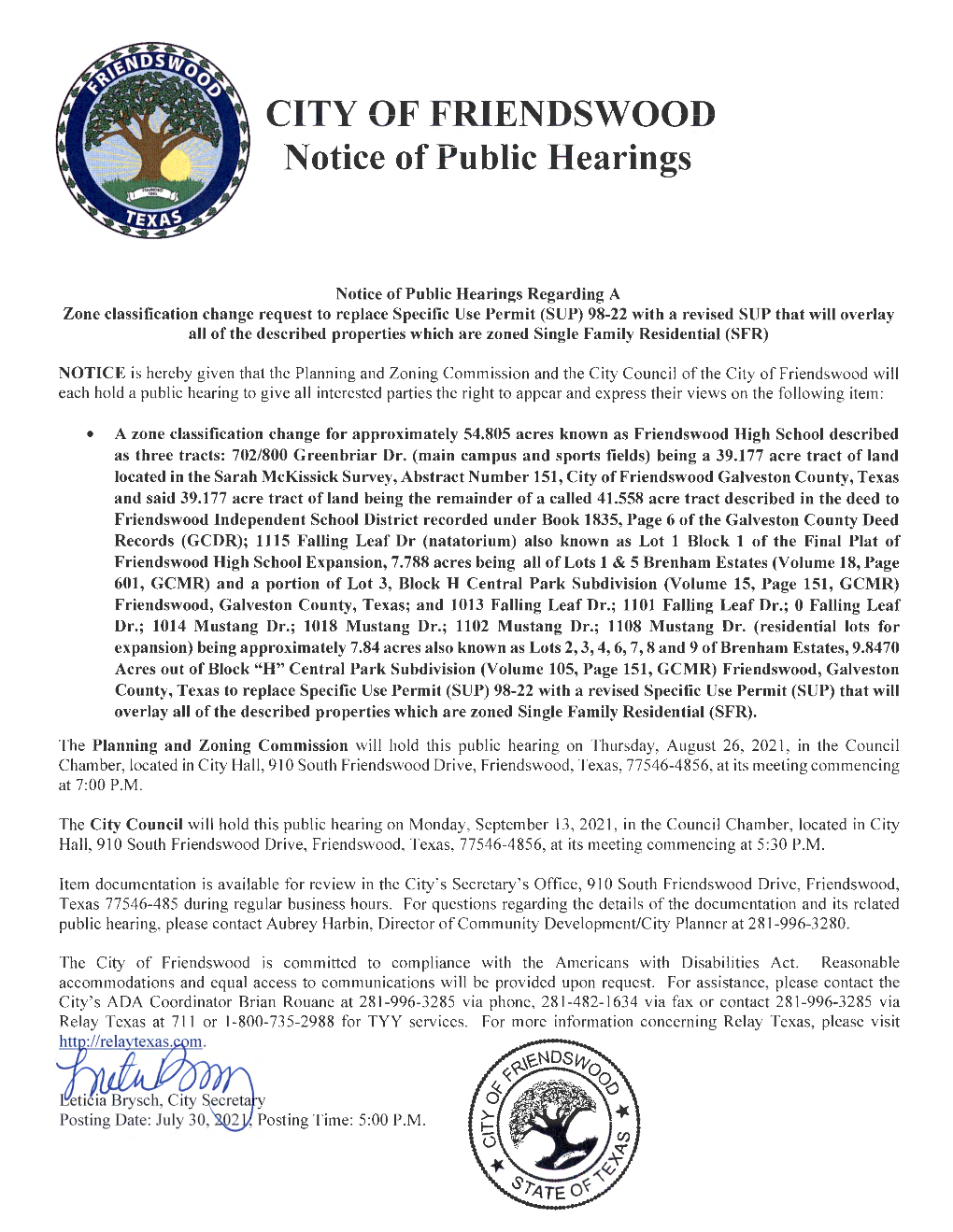 CITY of FRIENDSWOOD Notice of Public Hearings