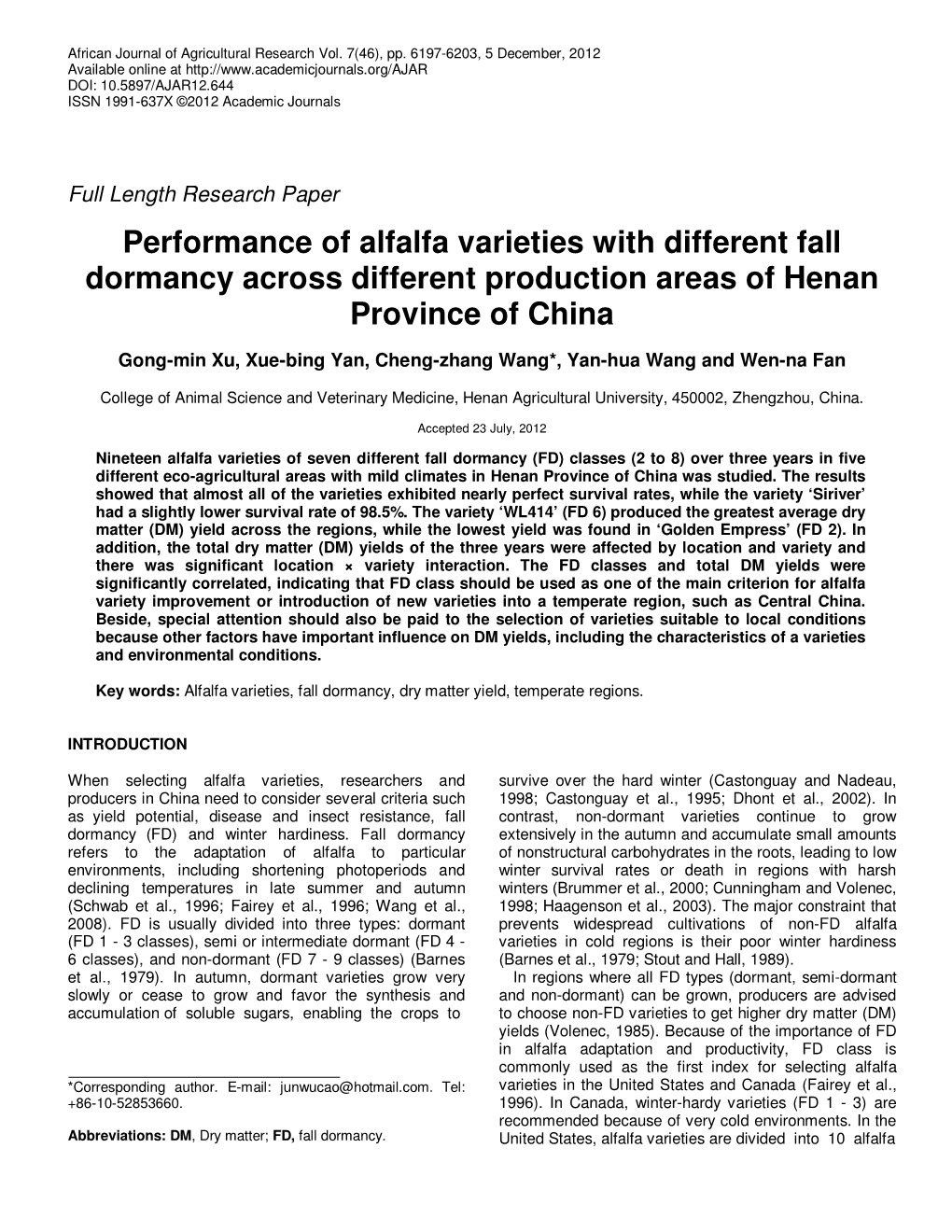 Performance of Alfalfa Varieties with Different Fall Dormancy Across Different Production Areas of Henan Province of China