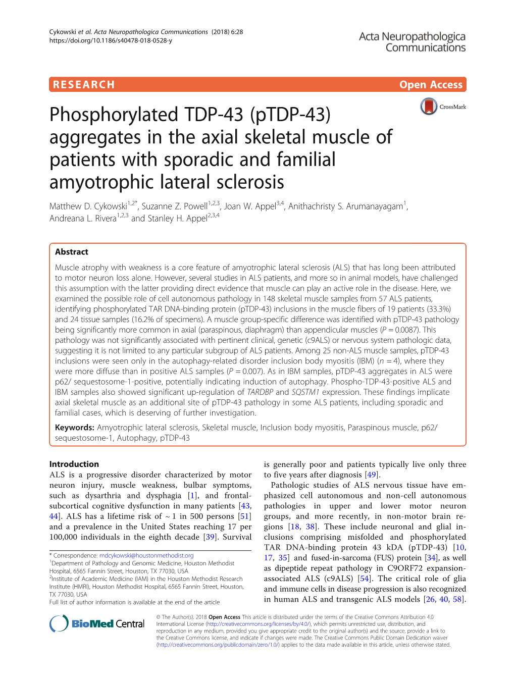 (Ptdp-43) Aggregates in the Axial Skeletal Muscle of Patients with Sporadic and Familial Amyotrophic Lateral Sclerosis Matthew D