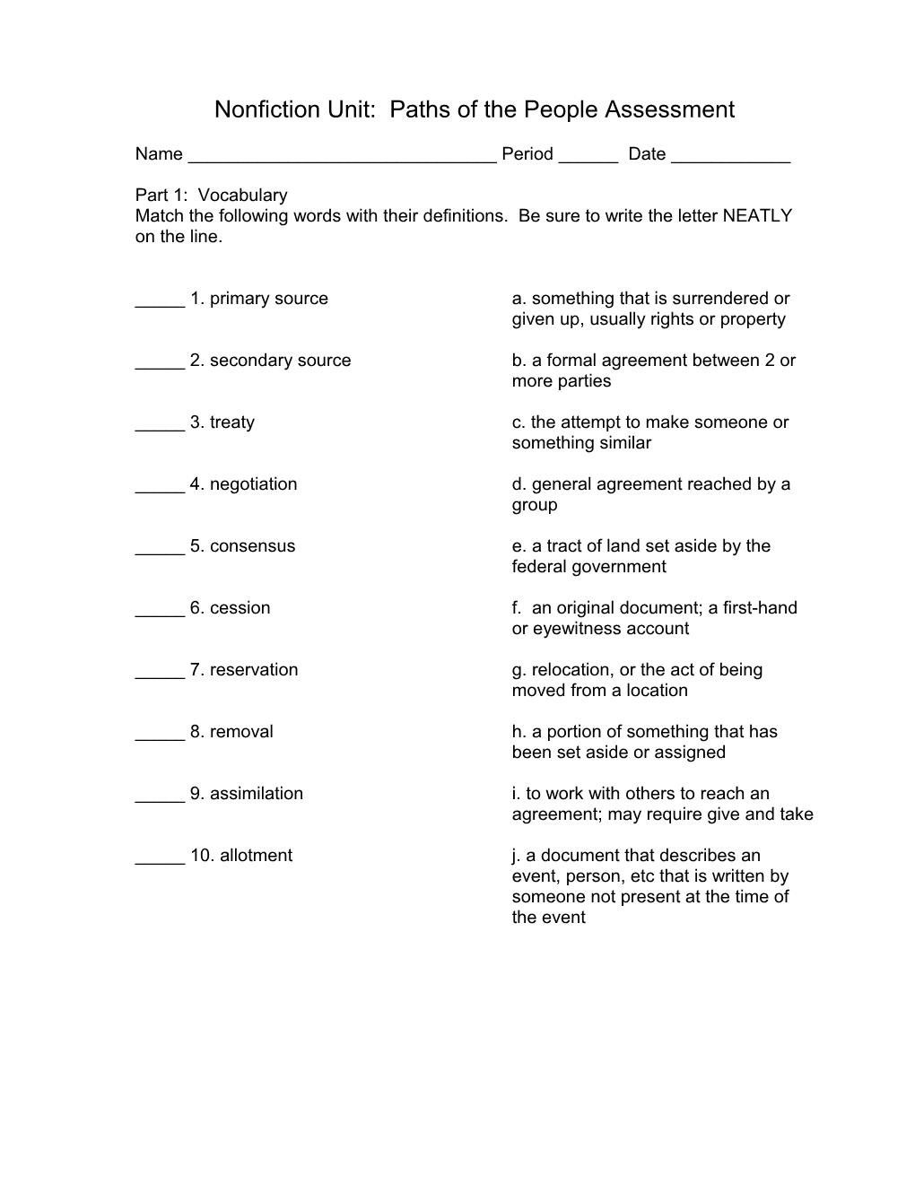 Nonfiction Unit: Paths of the People Assessment