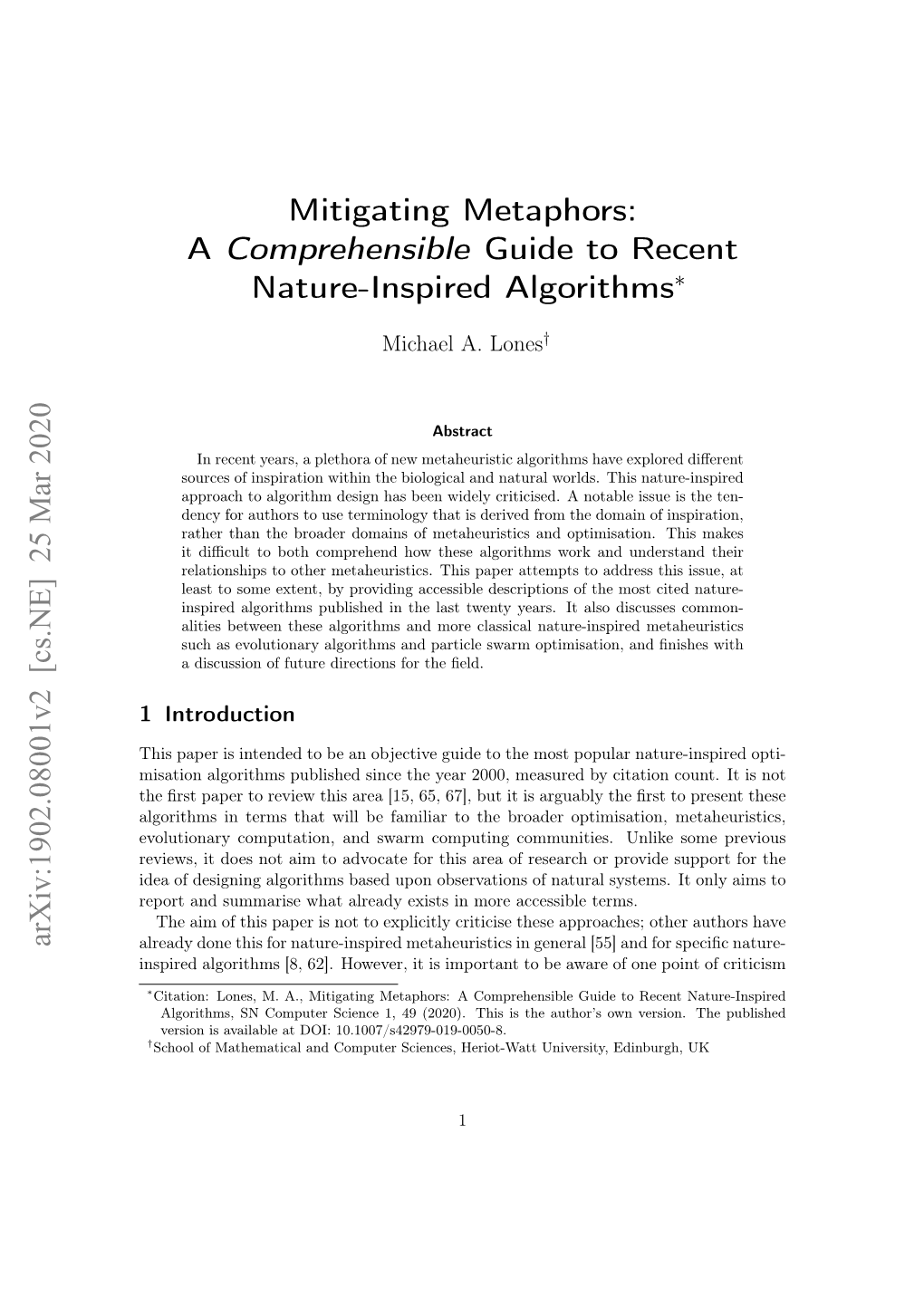 A Comprehensible Guide to Recent Nature-Inspired Algorithms Arxiv