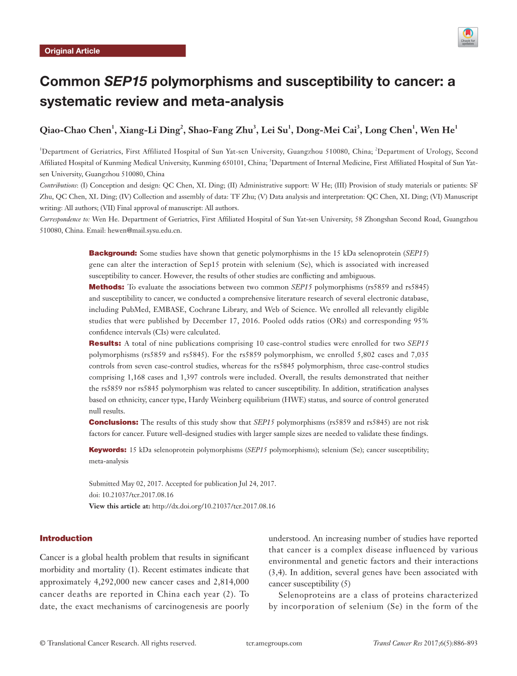 Common SEP15 Polymorphisms and Susceptibility to Cancer: a Systematic Review and Meta-Analysis