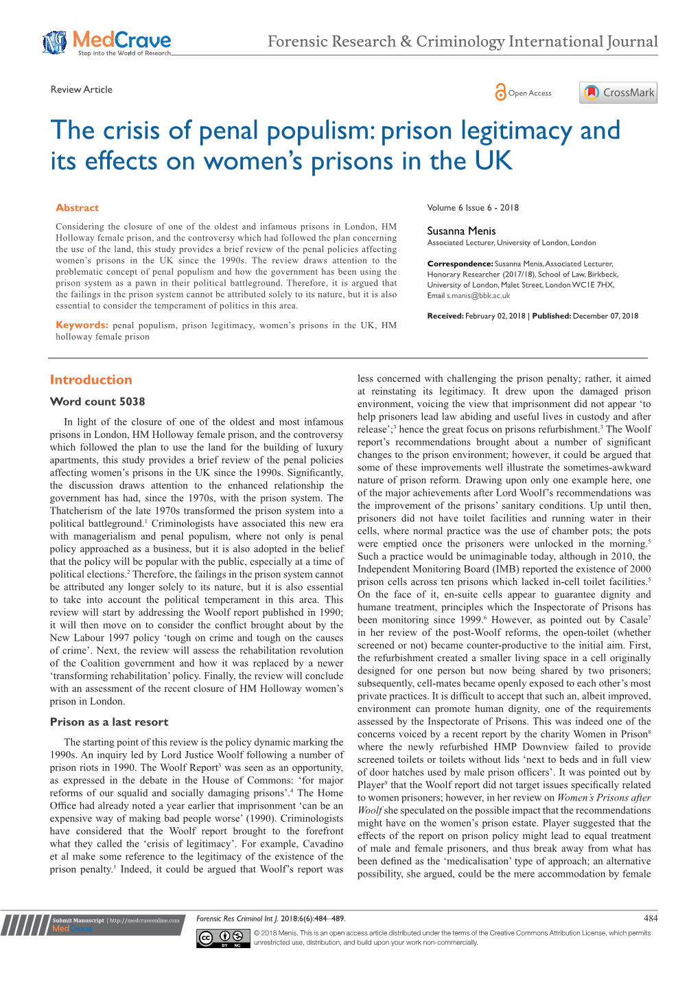 The Crisis of Penal Populism: Prison Legitimacy and Its Effects on Women’S Prisons in the UK