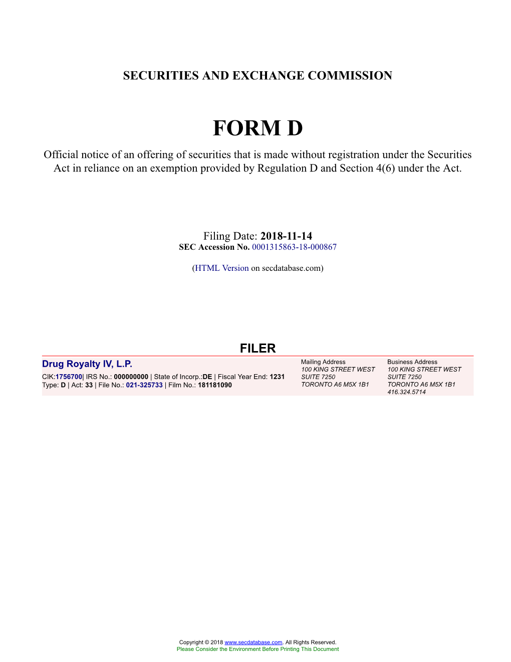 Drug Royalty IV, L.P. Form D Filed 2018-11-14