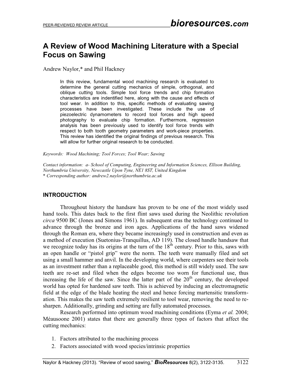 A Review of Wood Machining Literature with a Special Focus on Sawing