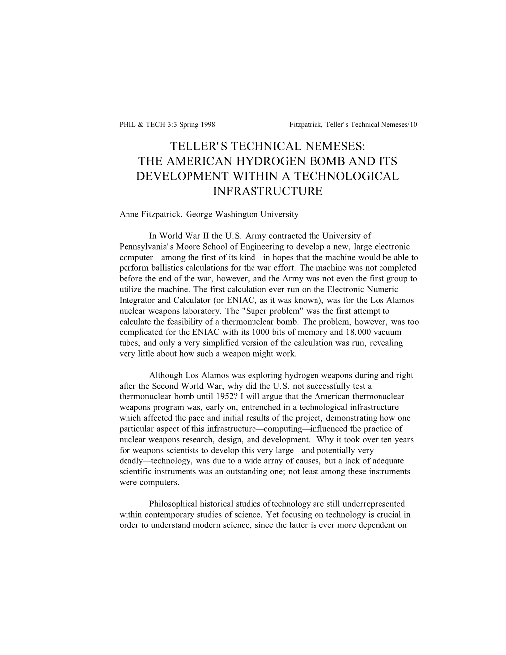 Teller's Technical Nemeses: the American Hydrogen Bomb and Its Development Within a Technological Infrastructure