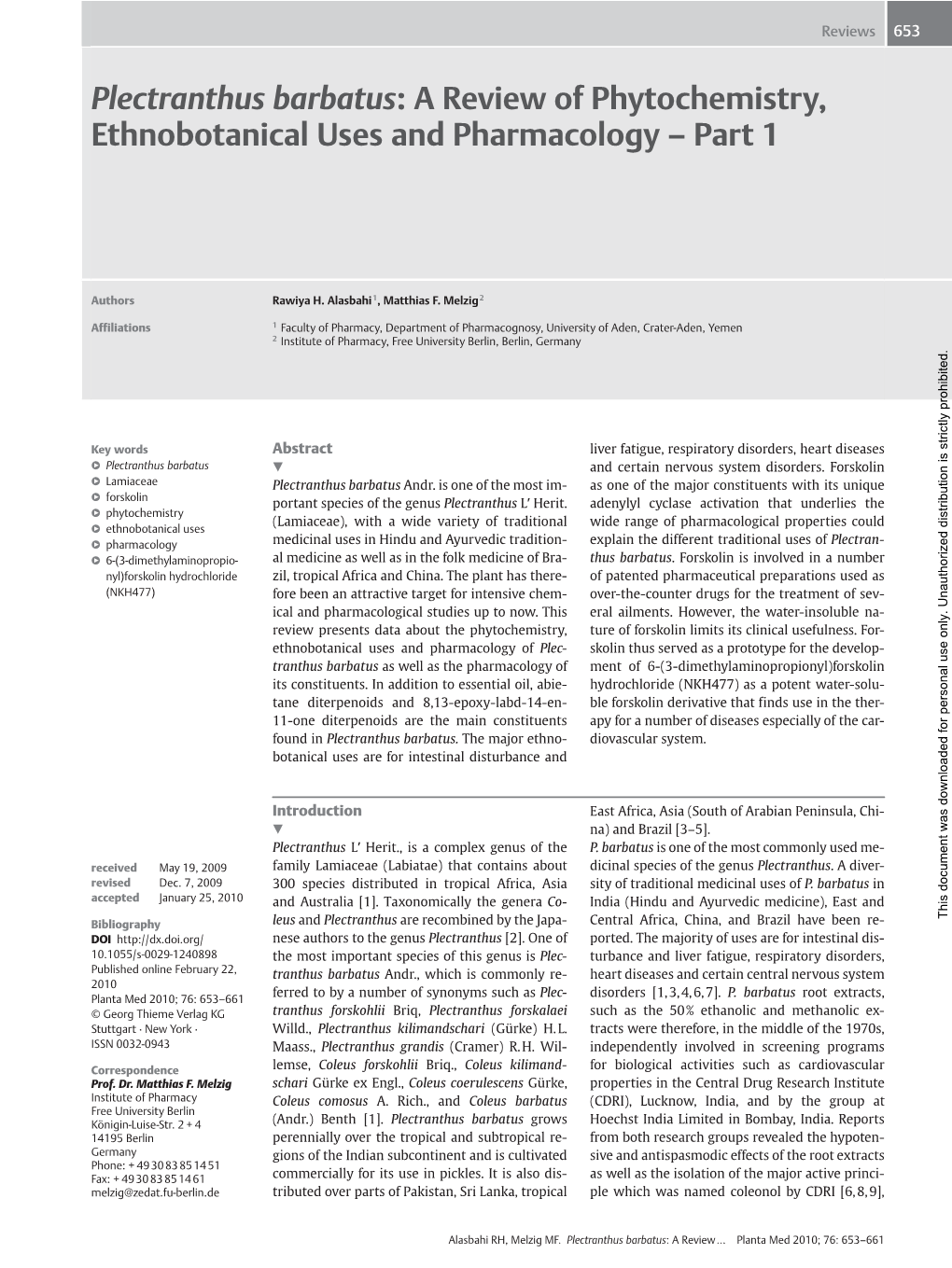 Plectranthus Barbatus: a Review of Phytochemistry, Ethnobotanical Uses and Pharmacology – Part 1