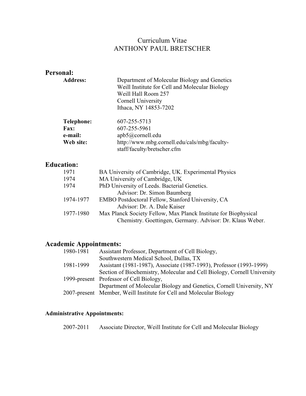 Curriculum Vitae ANTHONY PAUL BRETSCHER