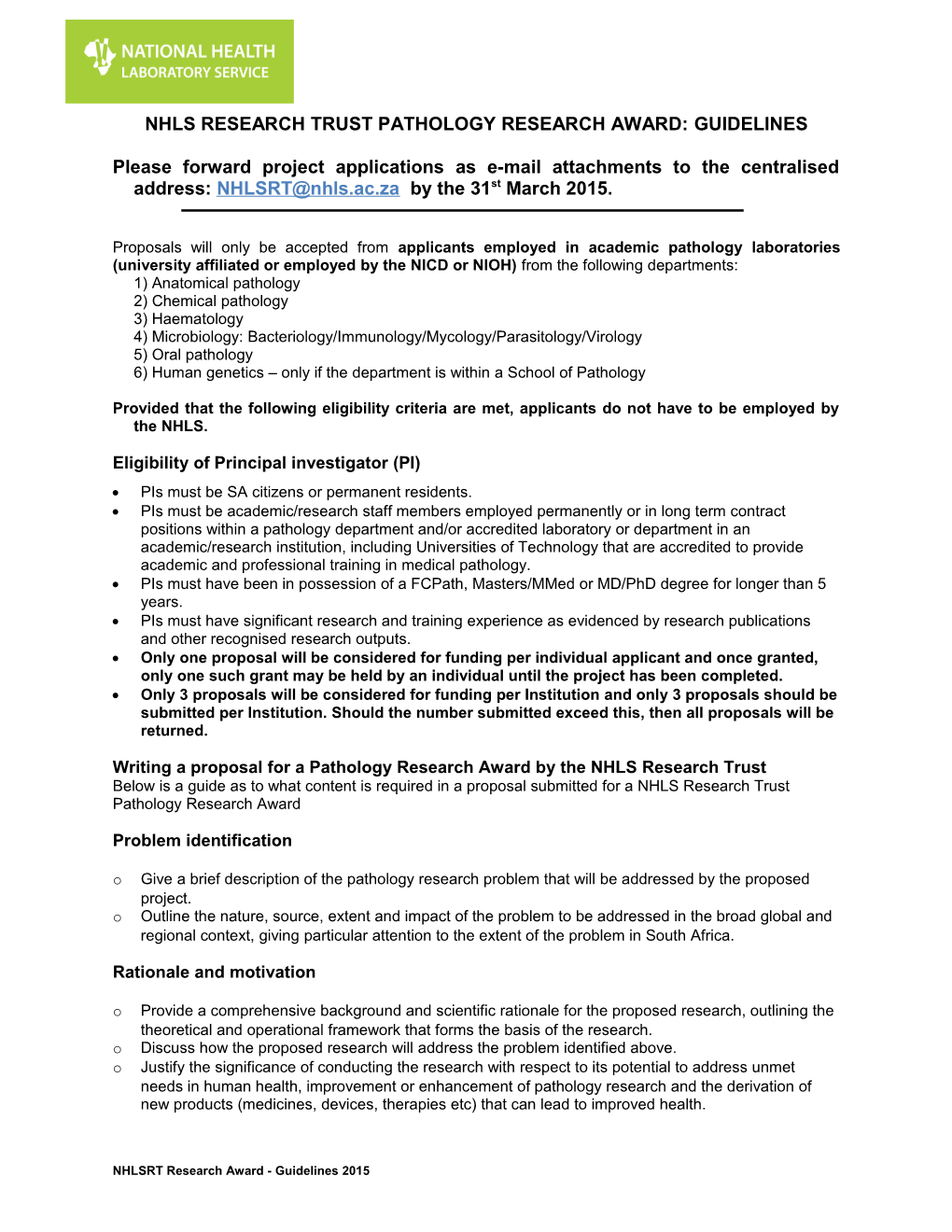 Nhls Research Trust Pathology Research Award: Guidelines