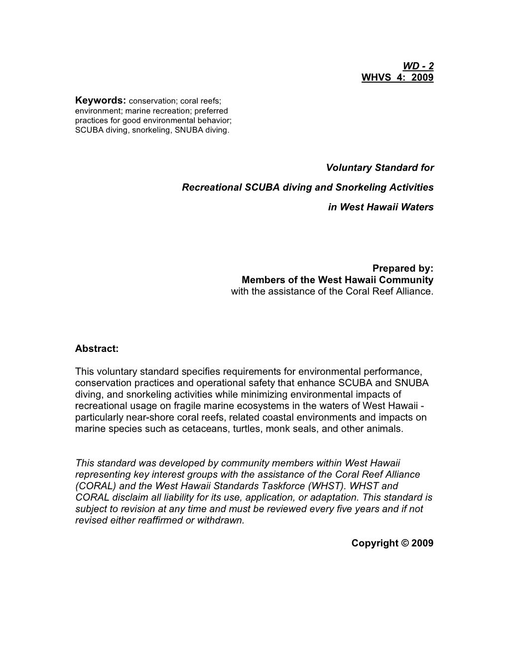 2 WHVS 4: 2009 Voluntary Standard for Recreational SCUBA Diving And