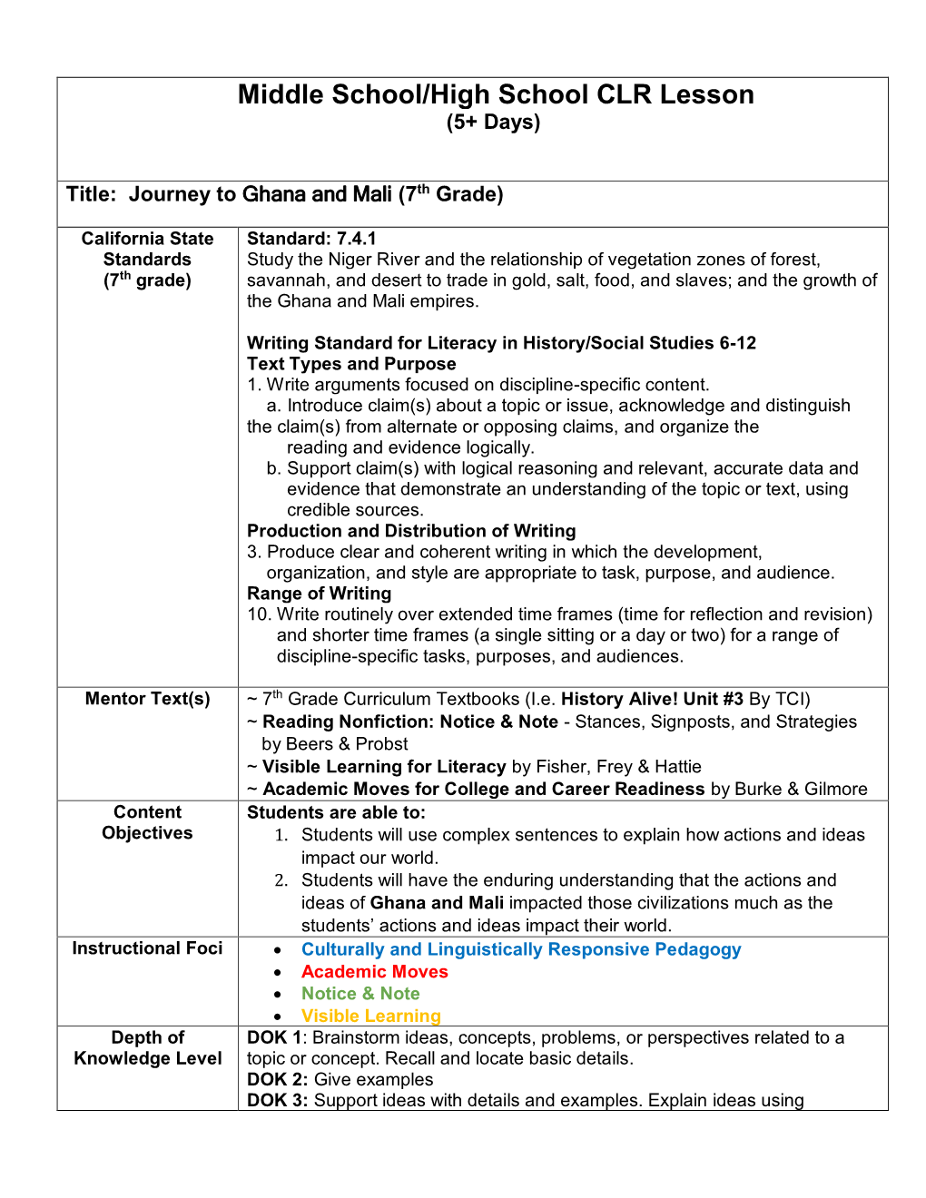 Middle School/High School CLR Lesson (5+ Days)