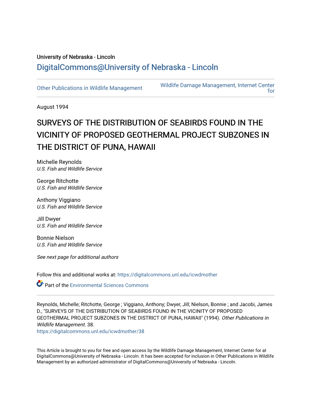 Surveys of the Distribution of Seabirds Found in the Vicinity of Proposed Geothermal Project Subzones in the District of Puna, Hawaii