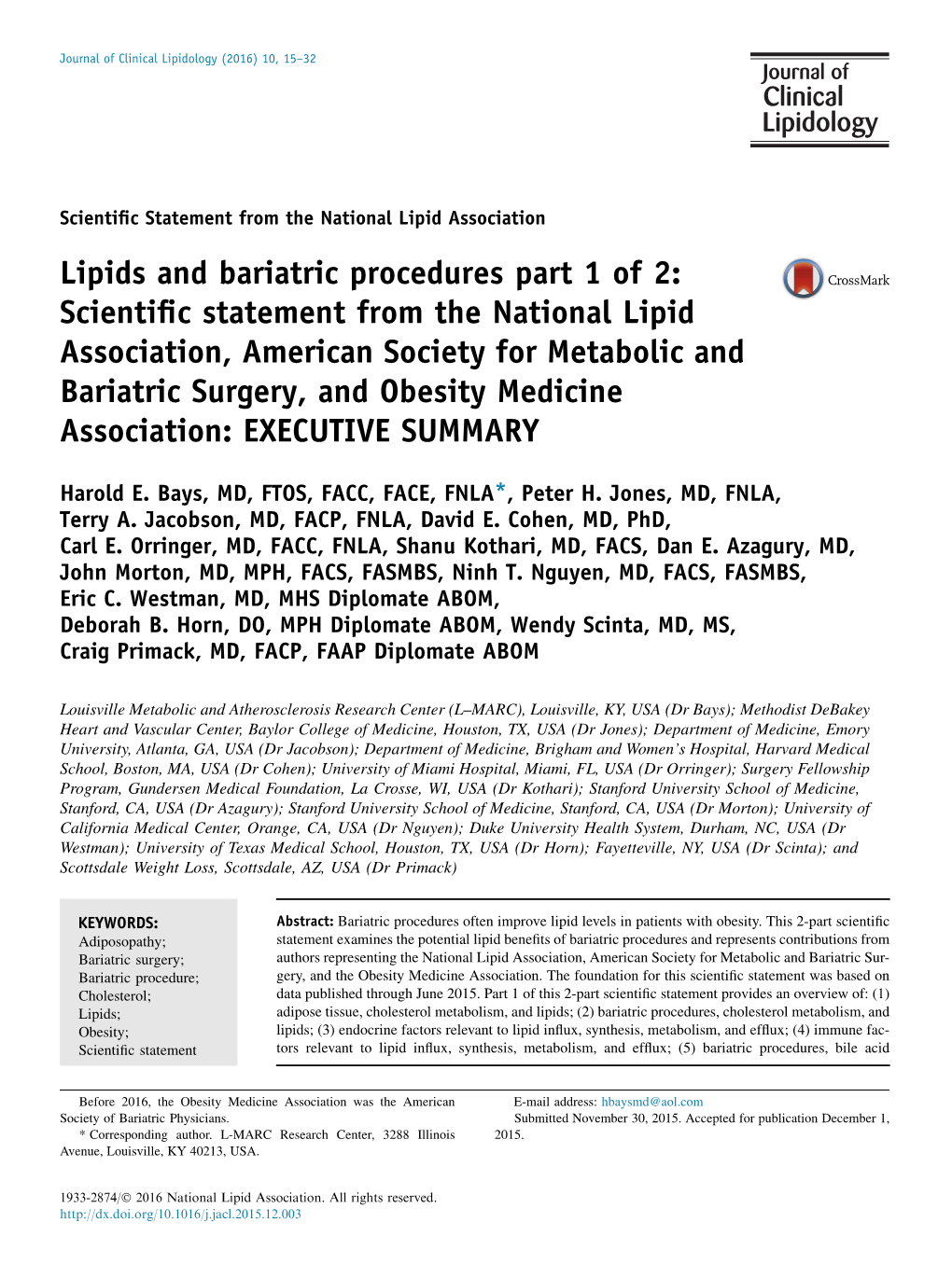 Lipids and Bariatric Procedures Part 1 of 2: Scientific Statement from The