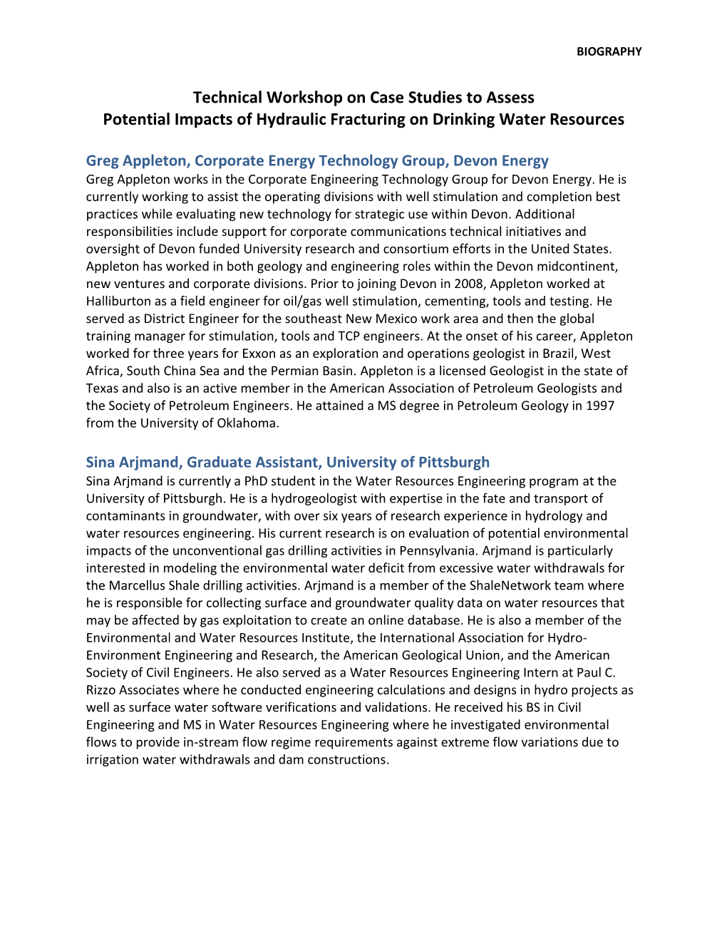 Hydraulic Fracturing Case Studies Technical Workshop Participant Bios