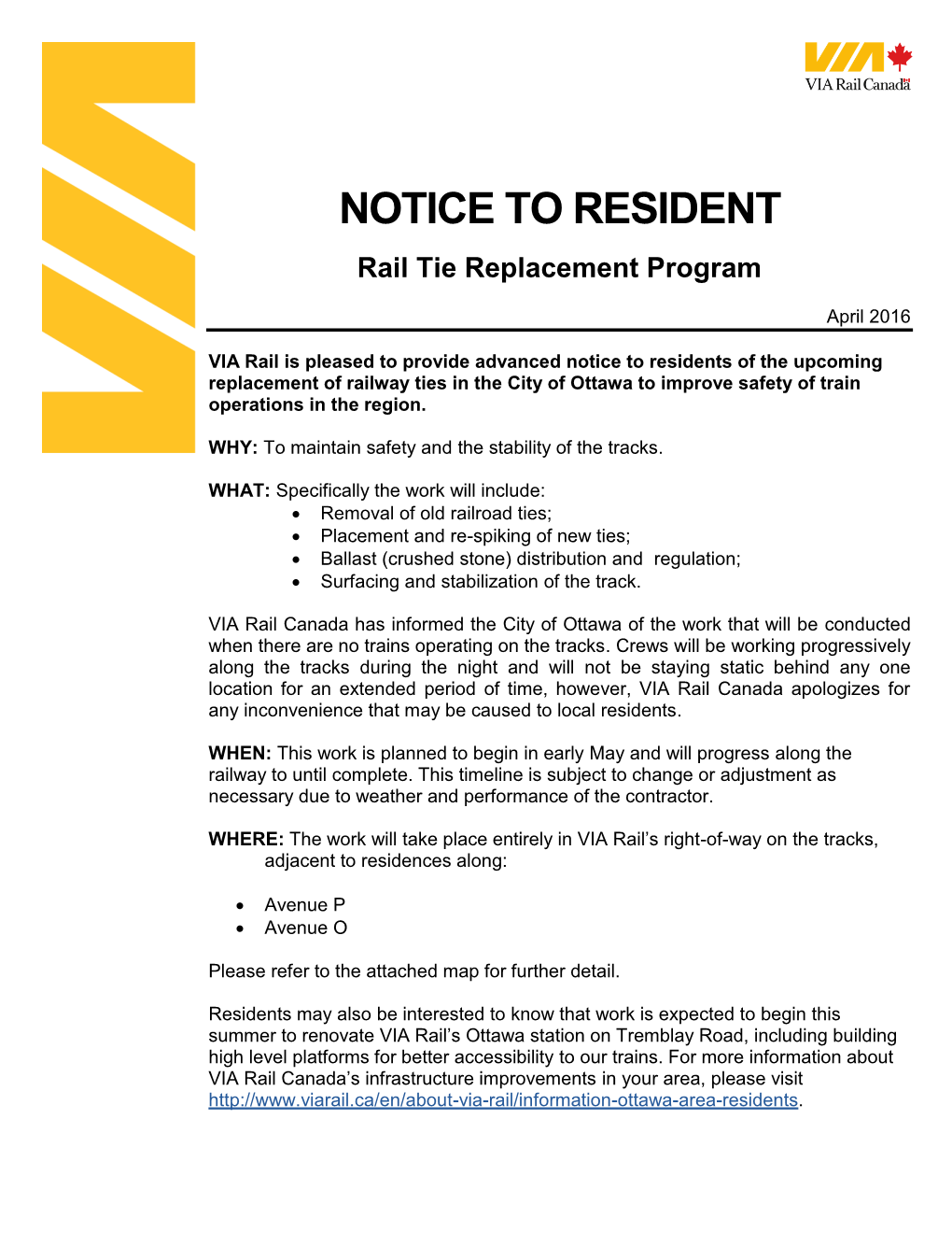 NOTICE to RESIDENT Rail Tie Replacement Program