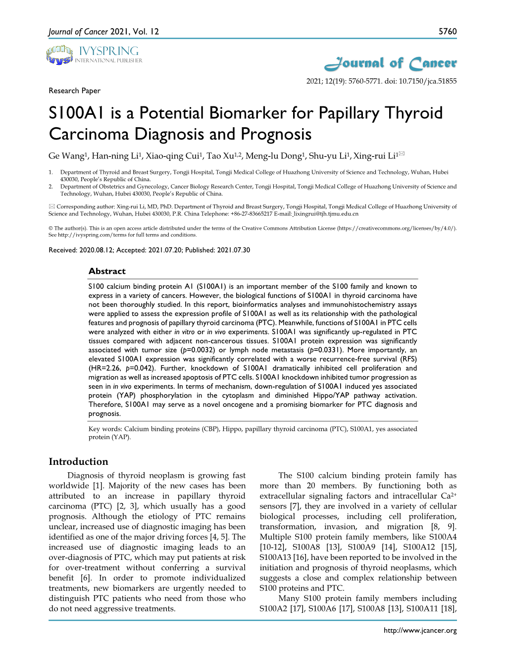 S100A1 Is a Potential Biomarker for Papillary Thyroid Carcinoma