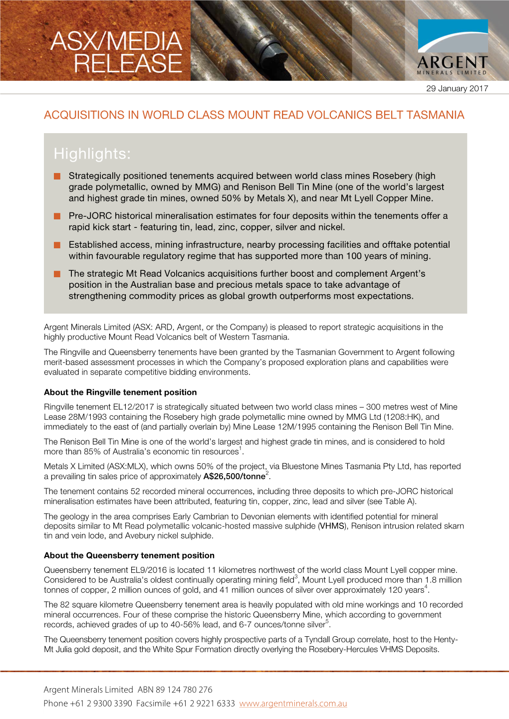 Acquisitions in World Class Mount Read Volcanics Belt Tasmania