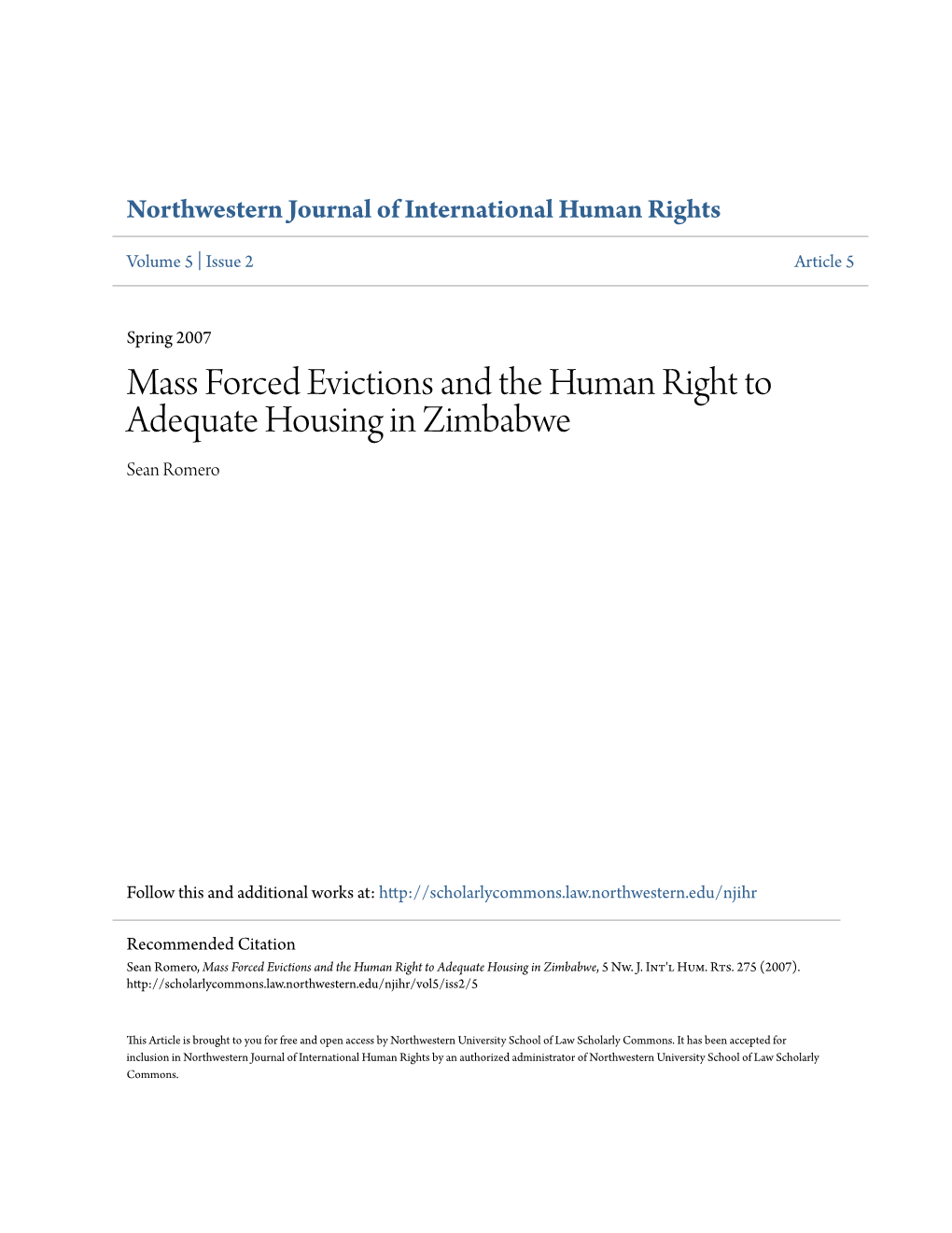 Massed Forced Evictions and the Human Right to Housing in Zimbabwe
