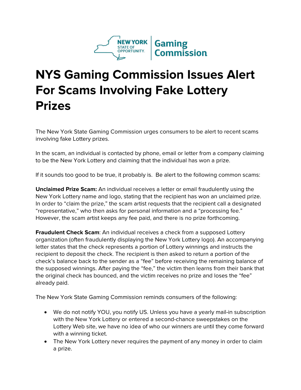 NYS Gaming Commission Issues Alert for Scams Involving Fake Lottery Prizes