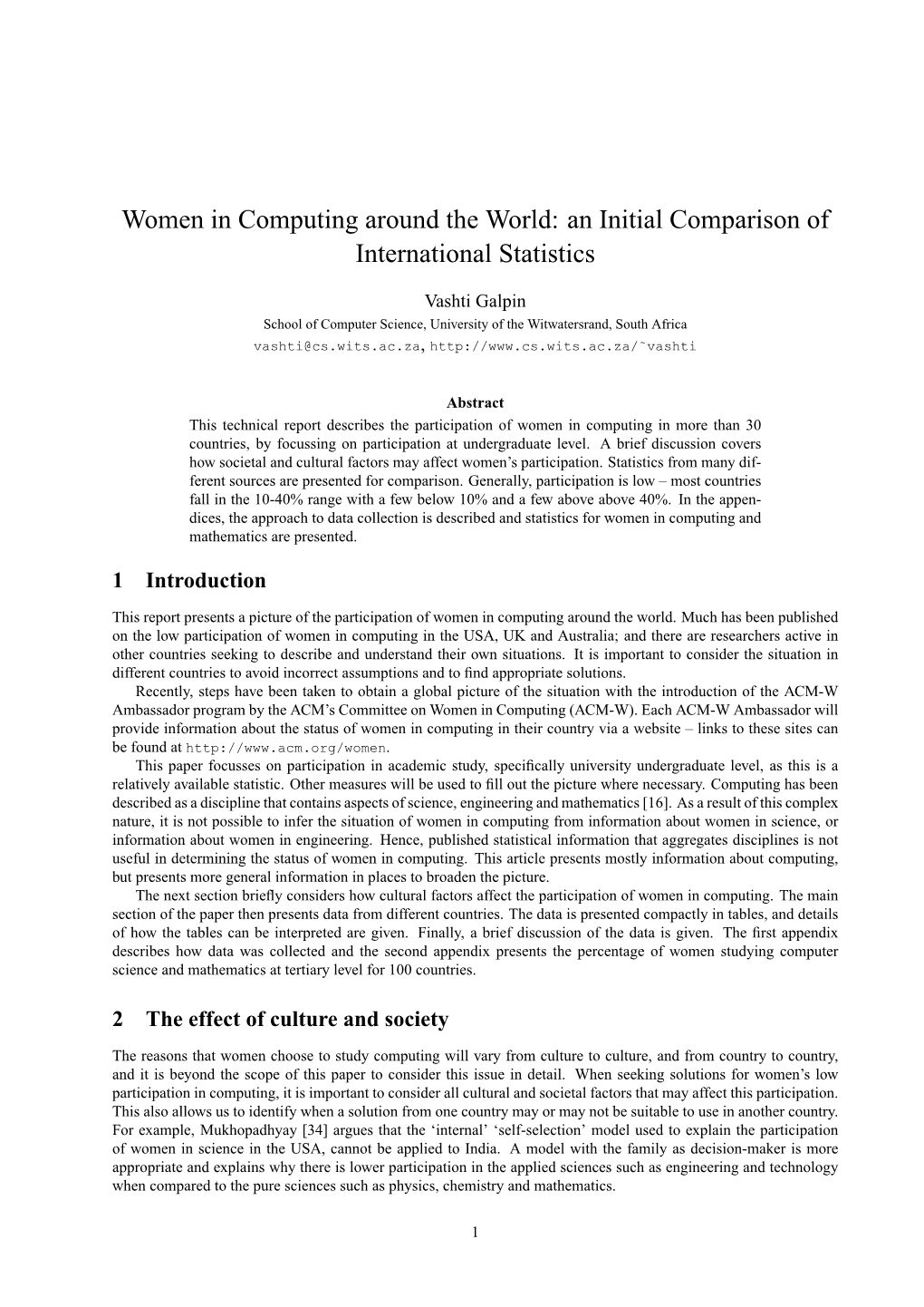 Women in Computing Around the World: an Initial Comparison of International Statistics