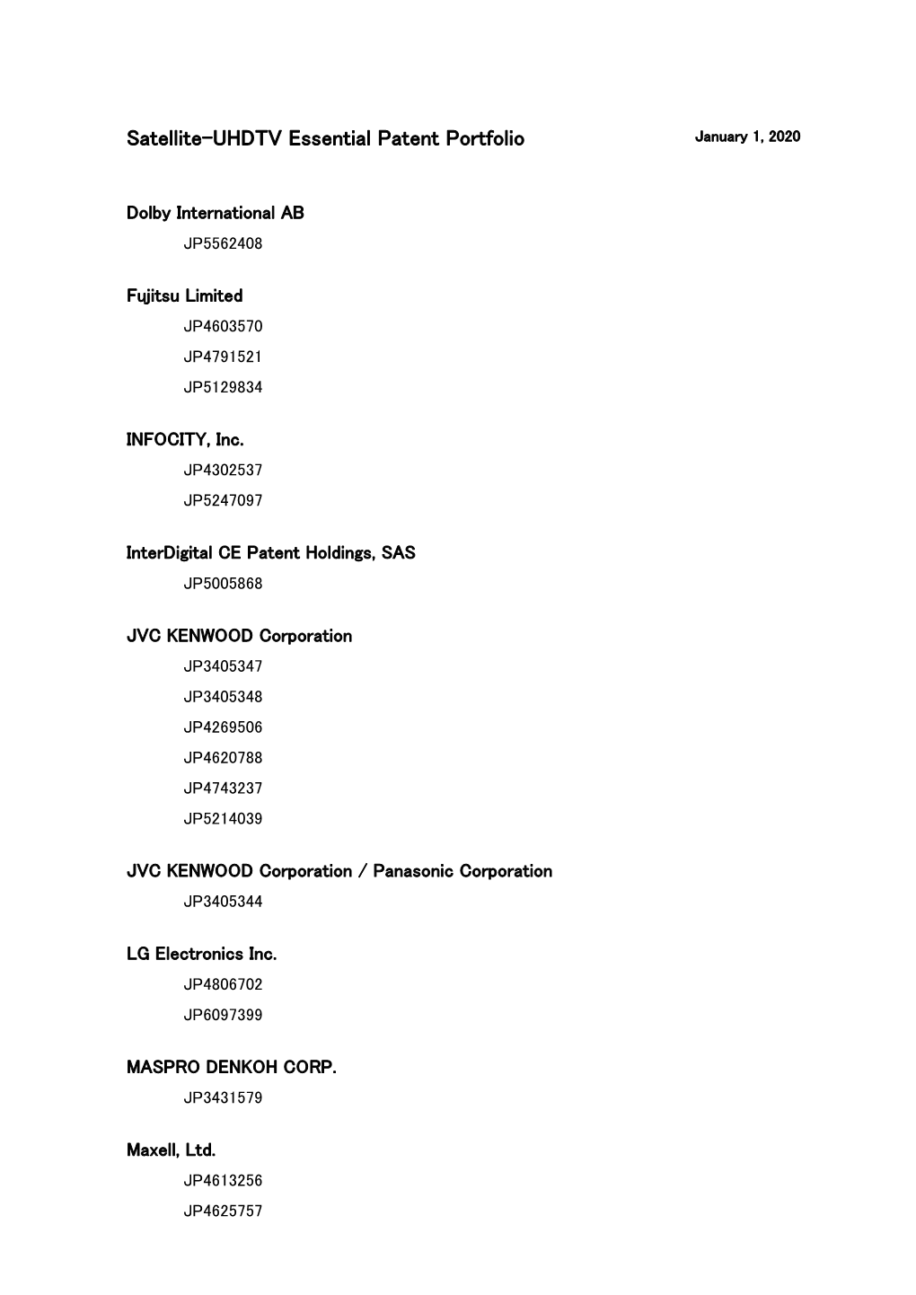 Satellite-UHDTV Essential Patent Portfolio January 1, 2020