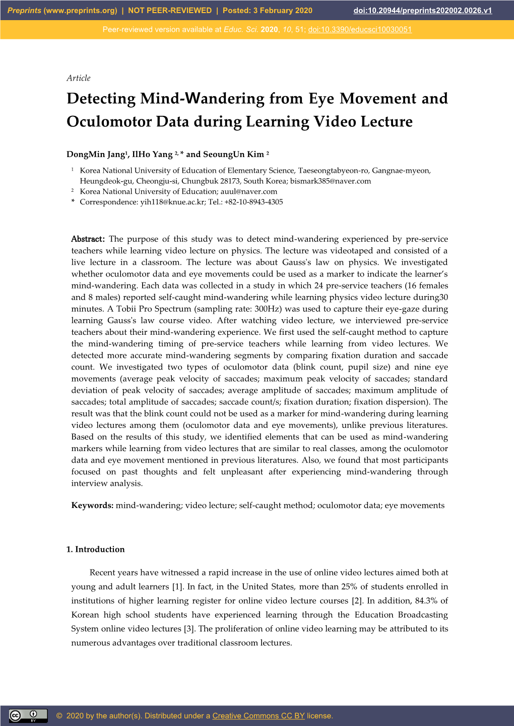 Detecting Mind-Wandering from Eye Movement and Oculomotor Data During Learning Video Lecture