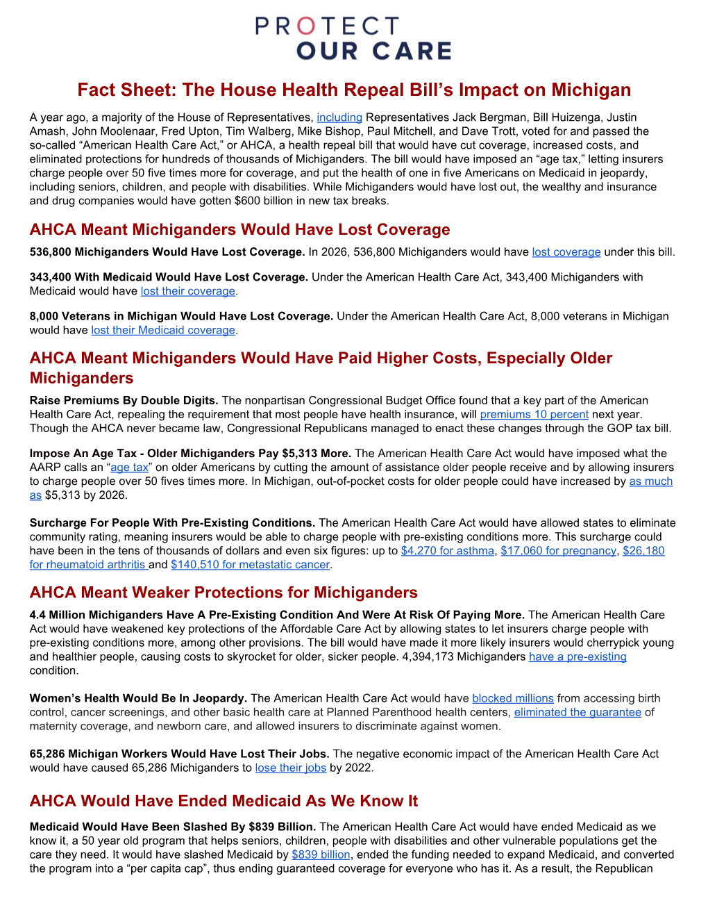 Fact Sheet: the House Health Repeal Bill's Impact on Michigan