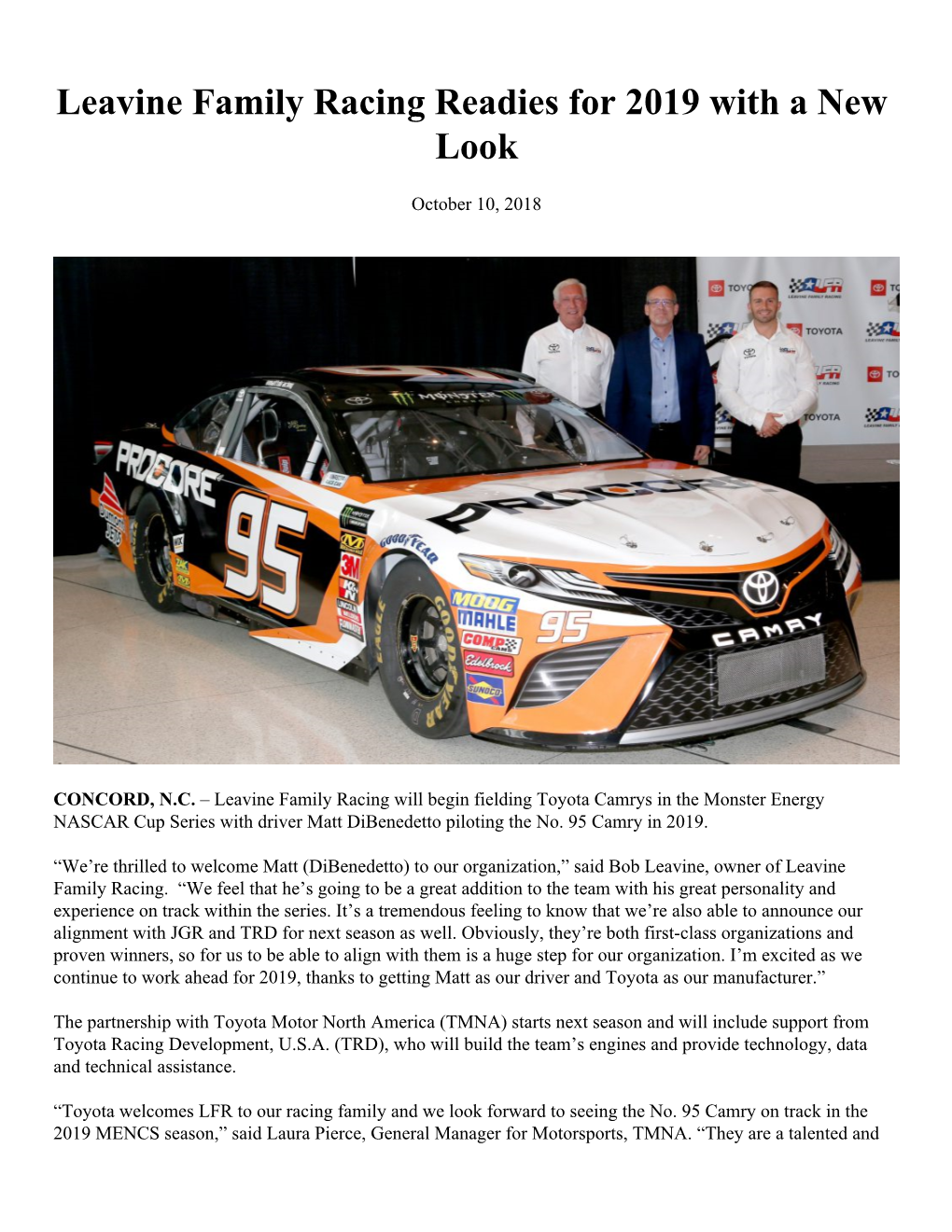 Leavine Family Racing Readies for 2019 with a New Look
