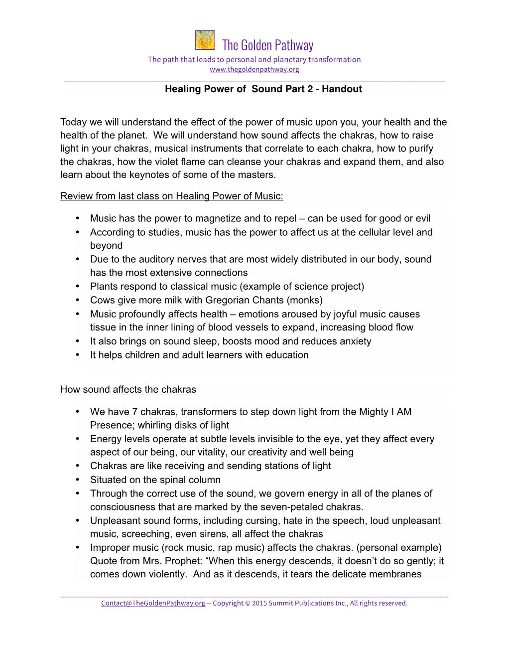 Healing Power of Sound – Part II Handout