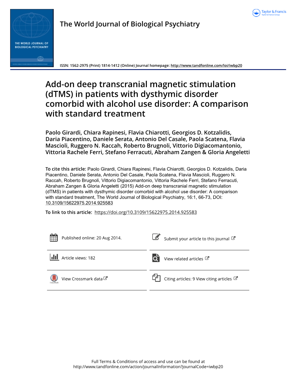 Add-On Deep Transcranial Magnetic Stimulation (Dtms) in Patients with Dysthymic Disorder Comorbid with Alcohol Use Disorder: a Comparison with Standard Treatment