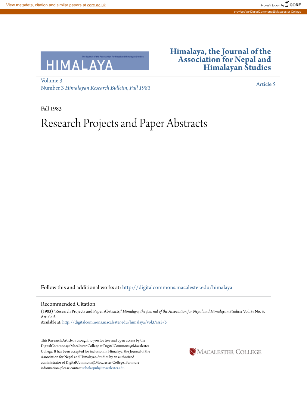 Research Projects and Paper Abstracts