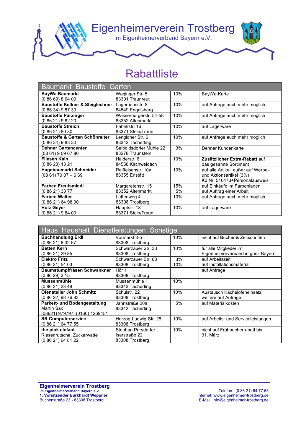 Eigenheimerverein Trostberg Rabattliste