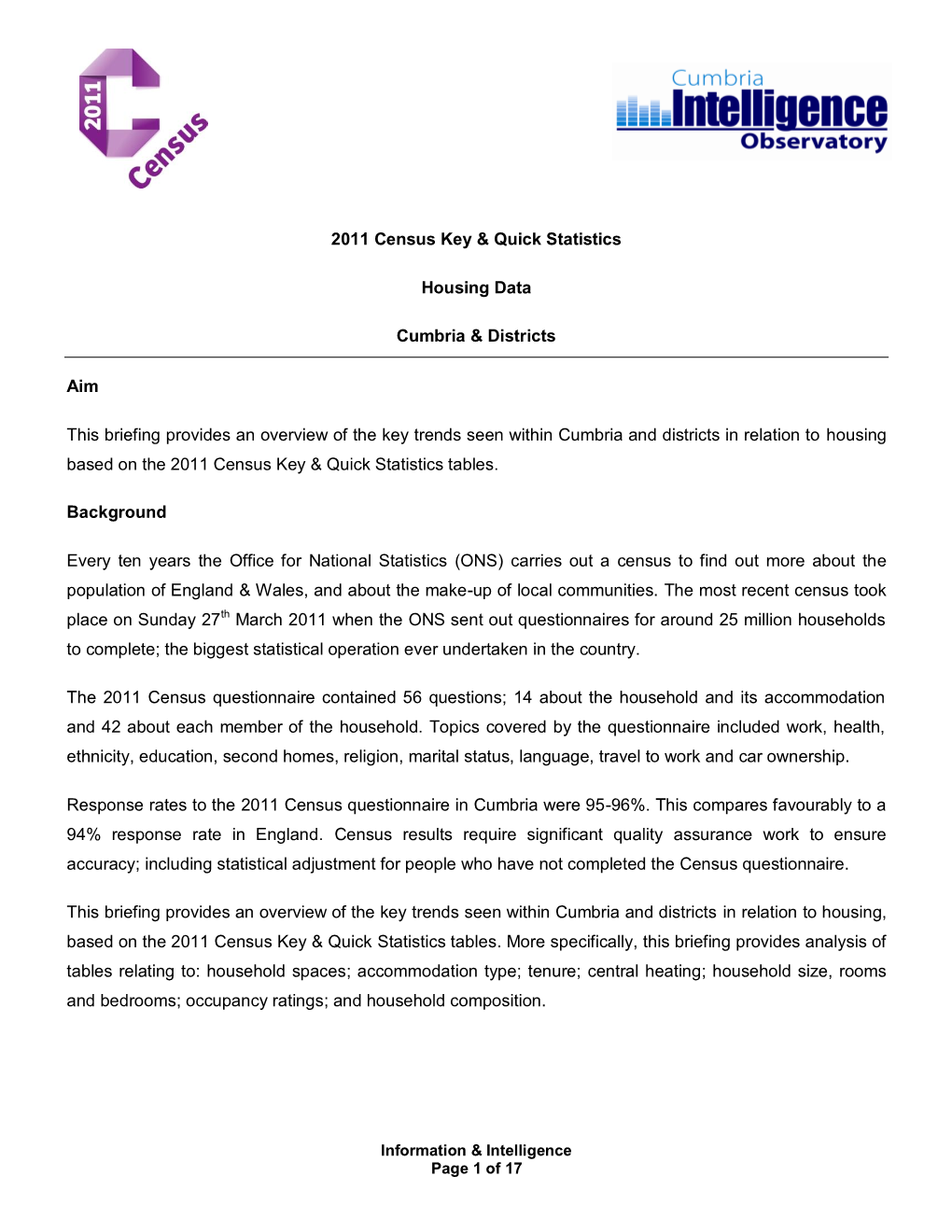 2011 Census Key & Quick Statistics Housing Data Cumbria & Districts