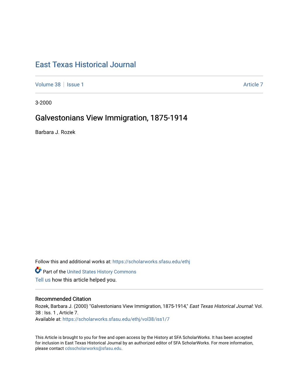 Galvestonians View Immigration, 1875-1914