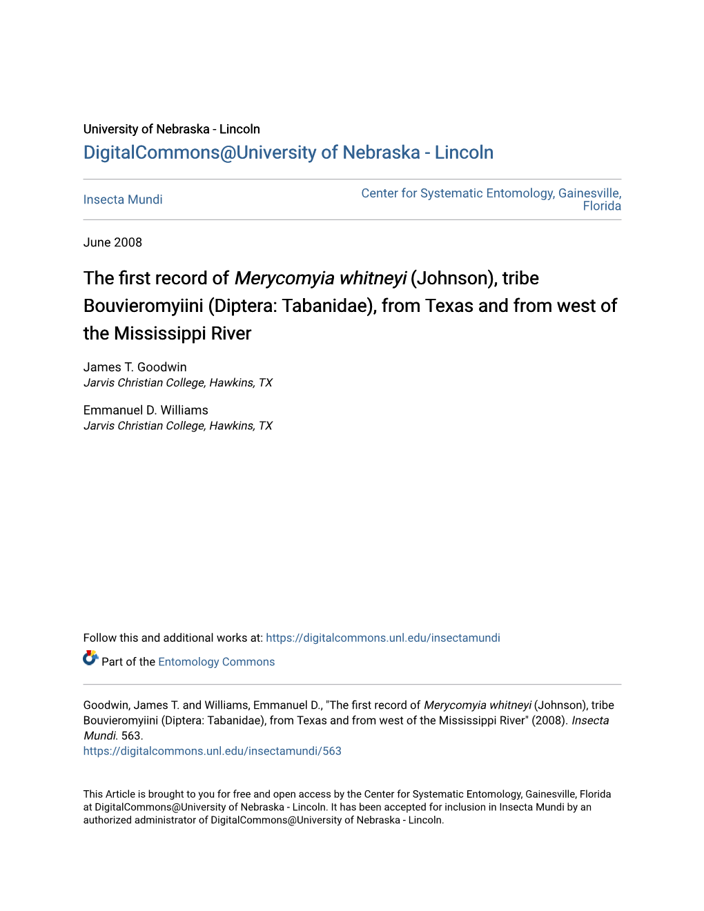 The First Record of Merycomyia Whitneyi (Johnson), Tribe Bouvieromyiini (Diptera: Tabanidae), from Texas and from West of the Mississippi River