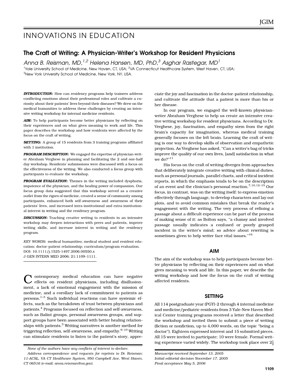 A Physician-Writer's Workshop for Resident Physicians
