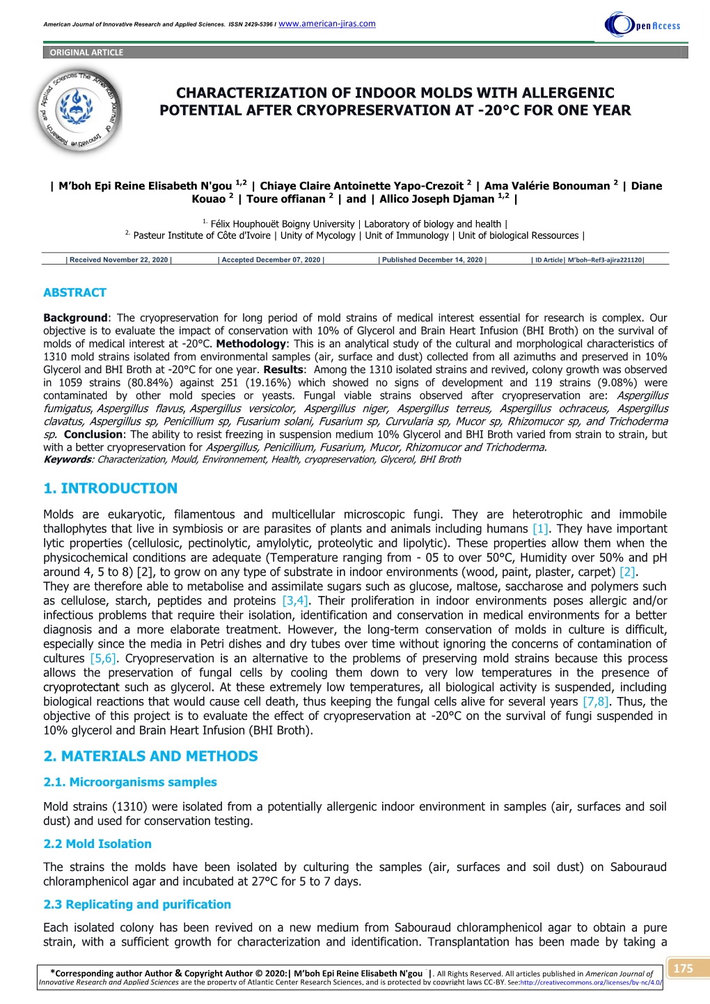 Characterization of Indoor Molds with Allergenic Potential After Cryopreservation at -20°C for One Year