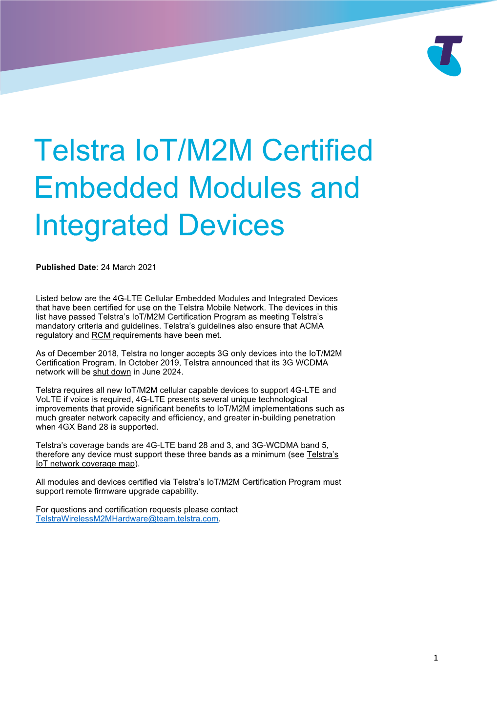 Telstra Iot/M2M Certified Embedded Modules and Integrated Devices