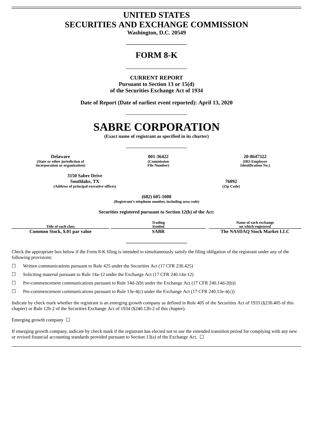 SABRE CORPORATION (Exact Name of Registrant As Specified in Its Charter)