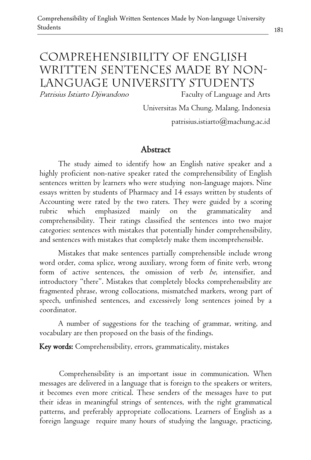 Comprehensibility of English Written Sentences Made by Non-Language University Students 181