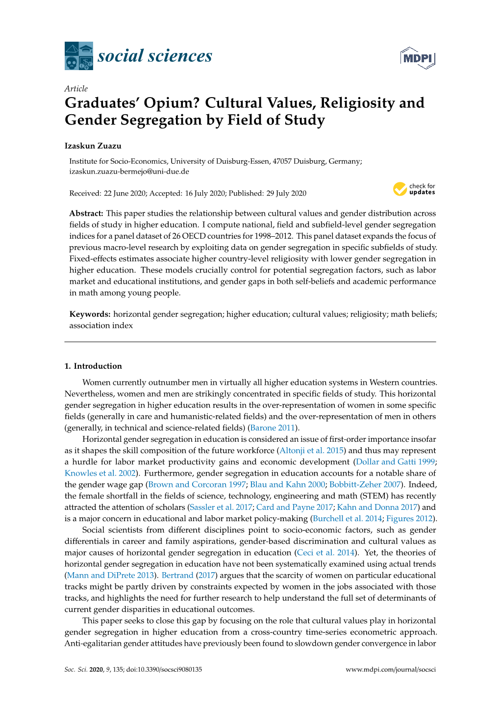 Cultural Values, Religiosity and Gender Segregation by Field of Study