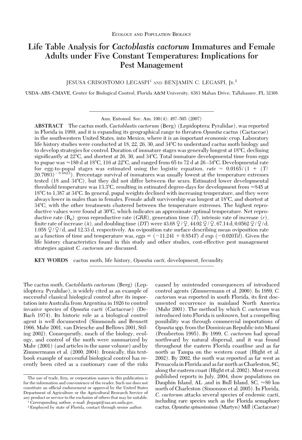 Life Table Analysis for Cactoblastis Cactorum Immatures and Female Adults Under Five Constant Temperatures: Implications for Pest Management