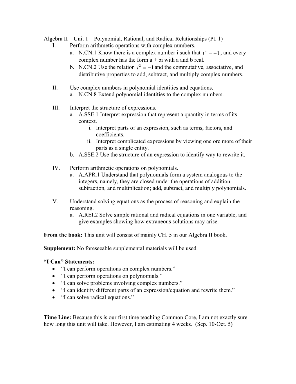 Algebra II Unit 1 Polynomial, Rational, and Radical Relationships