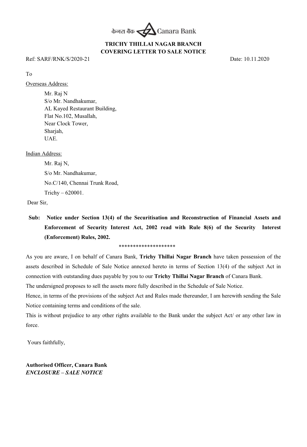 TRICHY THILLAI NAGAR BRANCH COVERING LETTER to SALE NOTICE Ref: SARF/RNK/S/2020-21 Date: 10.11.2020