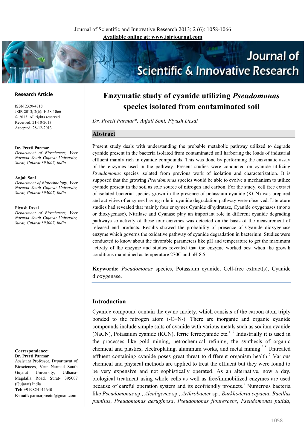 Enzymatic Study of Cyanide Utilizing Pseudomonas Species Isolated