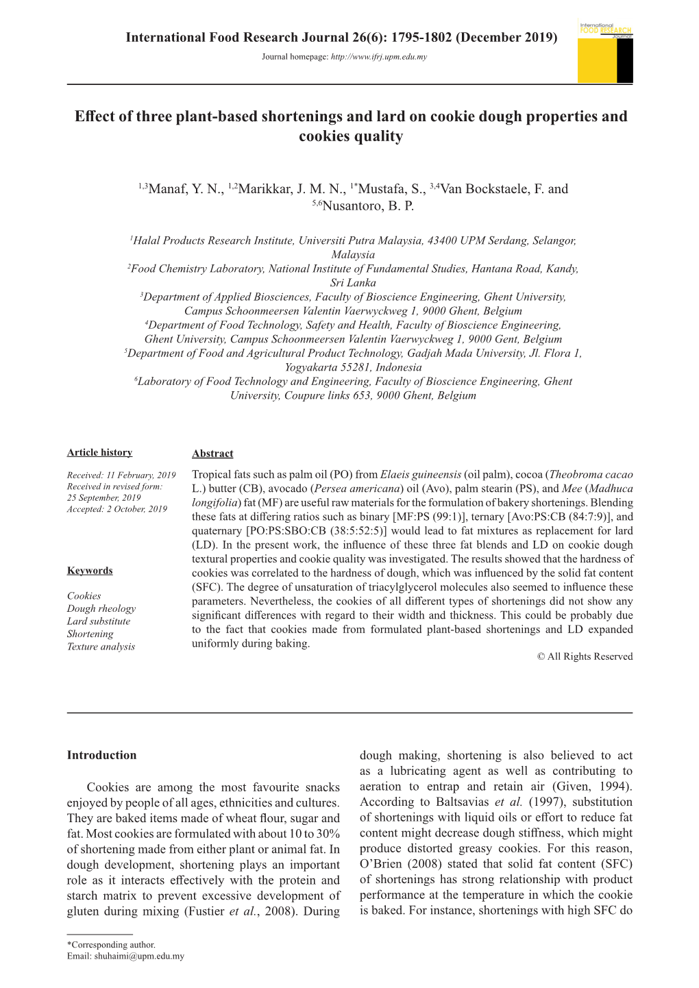 Effect of Three Plant-Based Shortenings and Lard on Cookie Dough Properties and Cookies Quality